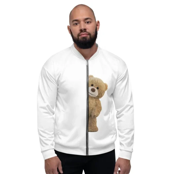 3D Peeking Teddy Bear Unisex Bomber Jacket with Zipper